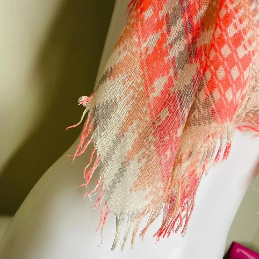 Coral Pink Gray Lightweight Southwestern Printed Fringe Neck Scarf